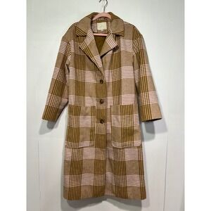 Women's Winter Coat Size Small Brown Pink Plaid Button Front Long Sleeve Pockets